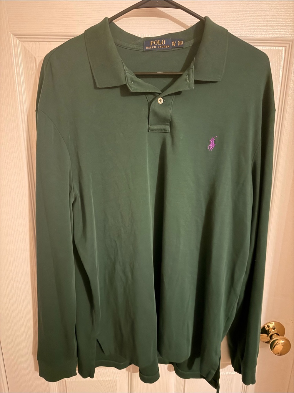 Polo by Ralph Lauren Men’s Dark Green Long-Sleeve Polo with Purple Pony